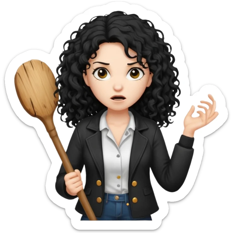 Hey, please generate me an emoji that depicts a woman white skin long black curly disheveled hair slightly thicker, she is wearing a white T-shirt and a black unbuttoned jacket she is furious she is holding a large stick sticker