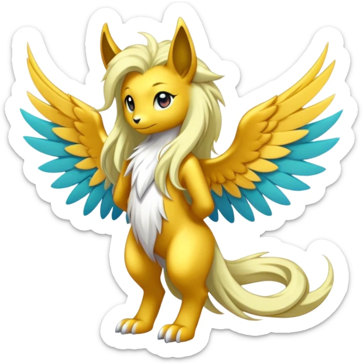 Anthro Sona Cool Cute Colorful Shy Winged Shiny Fakemon-Fantasy-Creature With Long Hair-Mane Full Body sticker