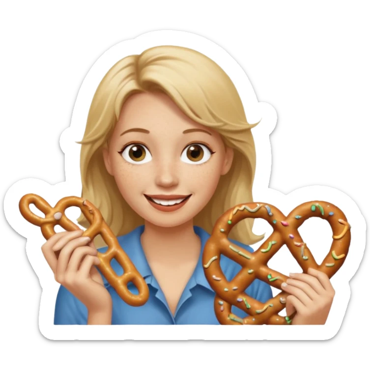Woman with Dirty blond hair, fair skin with freckles,  holding pretzels and winking one eye sticker