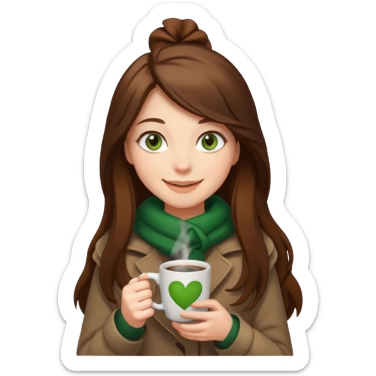 Girl green eyes brown long hair with brown-white winter clothes with coffee in her arms sticker