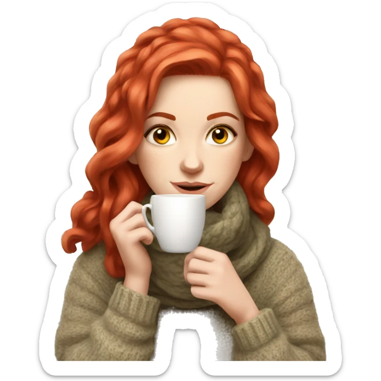 White girl red hair in a sweater and scarf sipping tea  sticker