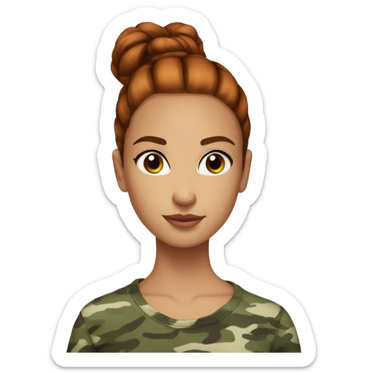 red straight hair bun pretty brown eyes camouflage girl sticker