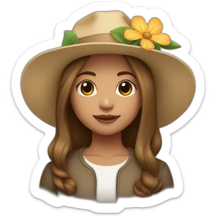 Light skin, Girl with a flower in her hand, with a hat, shoulder-length brown straight hair sticker
