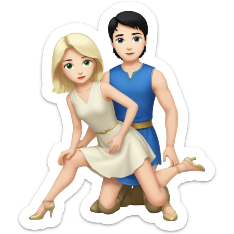 prince, upright, black Hair, blue eyes, Woman, blonde Hair, Green eyes, bending knee, sleveless White Dress, sticker