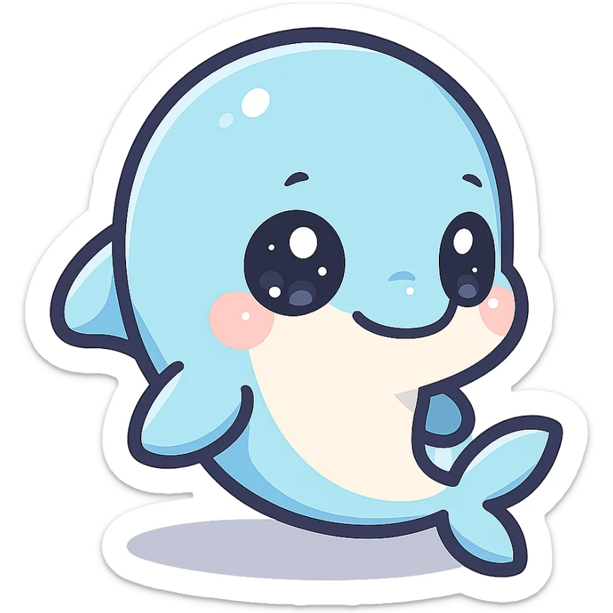 super kawaii chibi baby dolphin character, soft pastel colors, big sparkling eyes, bolder outline, soft shadow, high contrast, minimal clean layout, PNG, transparent background sticker