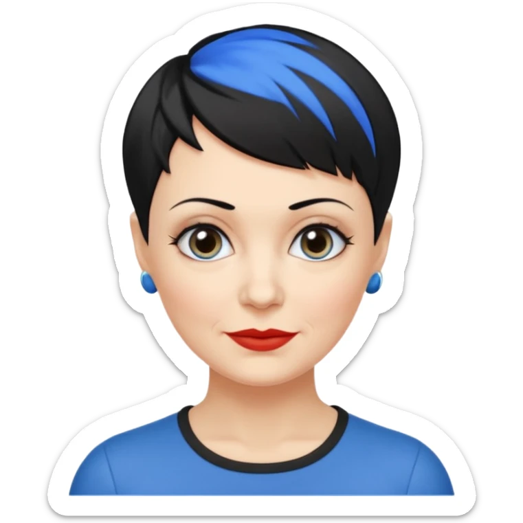 reife frau, vierzig Jahre alt kein kind! freche extreme schwarze Kurzhaarfrisur eine Seite wirklich fast keine Haare andere Seite mit blauer Strähne kurze Seite noch viel kürzer sticker