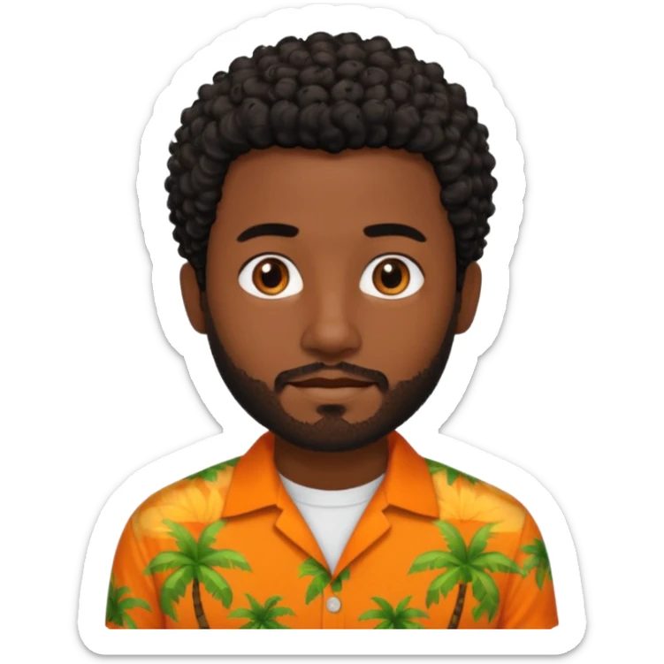 create an emoji of a man but with very very short curly black hair, no hair on the sides, dark skin, dark brown eyes and a short beard without a moustache and an orange and tropical shirt sticker