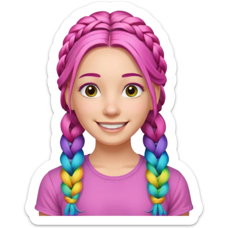 Woman with braided rainbow hair, happy — long braids, pink shirt sticker