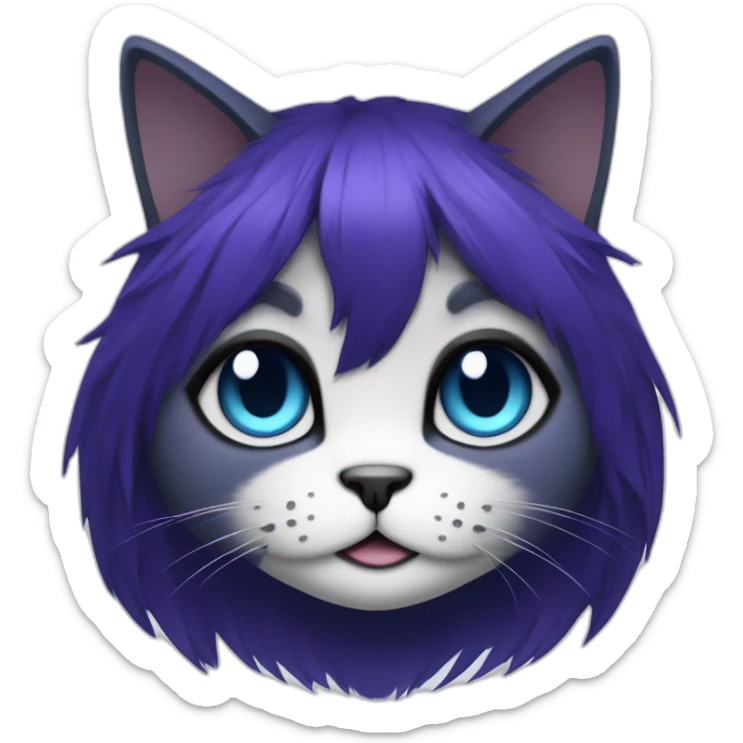 cat, reaper, purple eyes, blue fur, hair style is slightly disheveled bob with side bangs, black hair , piercings in the ears sticker