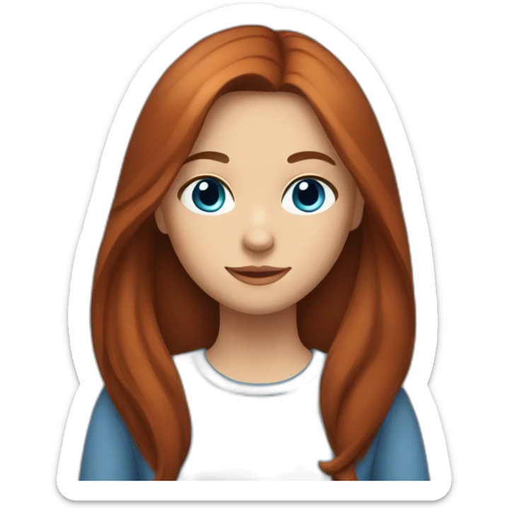 a girl with long, straight brown hair and blue eyes with a red cat sticker