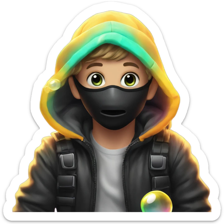 Caucasian boy at rave wearing a black mask and a glowing outfit and glowing hat with bubble guns in each hand with bubbles all around sticker