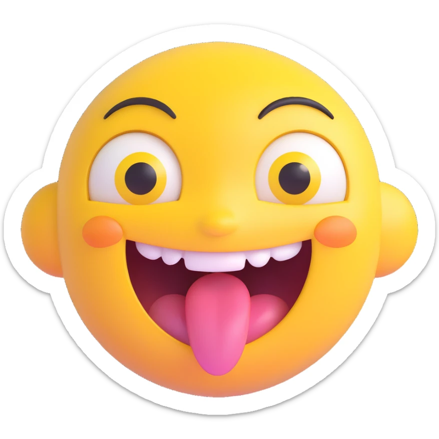 cute 3D cartoon emoji of a happy yellow face, big glossy eyes, open mouth smiling, shiny surface, small tongue showing, isolated on transparent background sticker