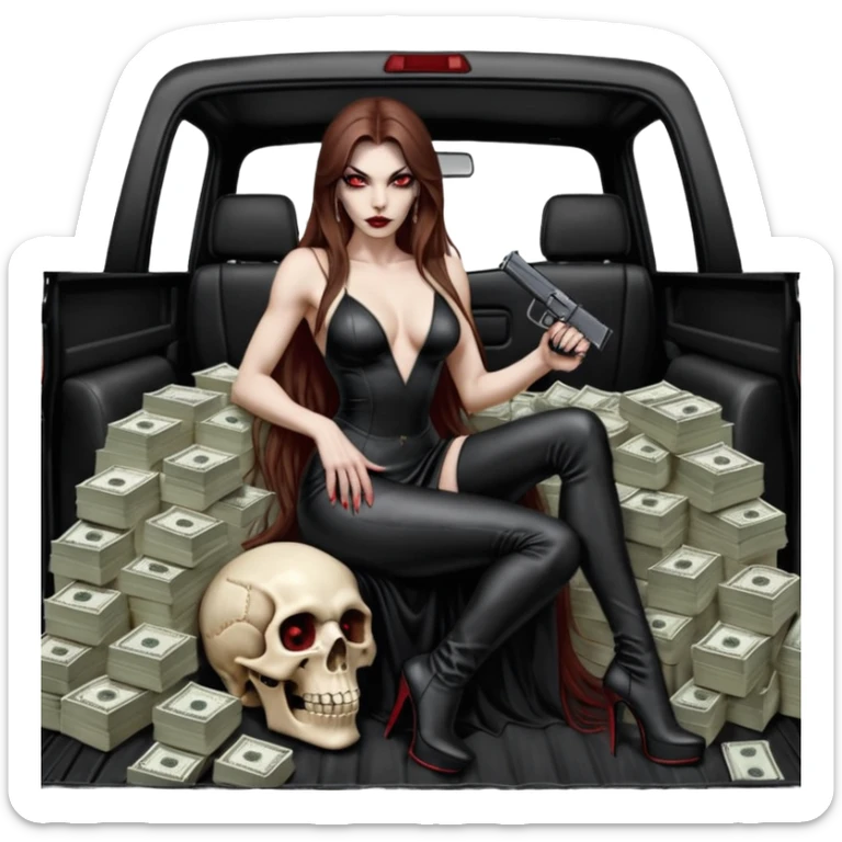 Lilith red eye seductress evil long brown haired sexy succubus woman with leather long seductive dress on, sitting in Big Large F350 pickup truck. Wearing super tall black platform high heels, Back seat full of stacks of cash, she is  Holding a human skull of her enemies and a gun in other hand sticker