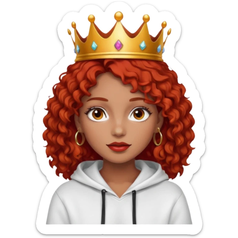 Slim girl with a fine face, dark chocolate-colored and tanned skin, medium-length curly tomato-red hair, dark eyes, medium-thick eyelashes, and a crown and hoop earrings wearing a white hooded sweatshirt.
 sticker