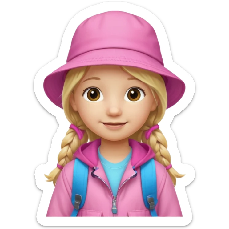 Little girl kid student, long braid blonde, wears pink bucket hat and jacket, backpack, happy sticker