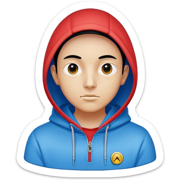 "A stylized digital illustration of a humanoid figure wearing a blue hoodie. The figure has a smooth, glossy red face with two large, round black eyes. The hoodie has a small emblem on the chest, resembling a minimalist symbol. The background is a solid pastel yellow, creating a clean and modern aesthetic. The art style is cartoonish and futuristic, with bold outlines and simple shading." sticker