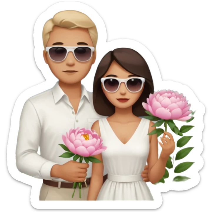 Couple traveling in Montenegro russian man and elegant  Latina girl delicate peonies and mountains in the background  sticker