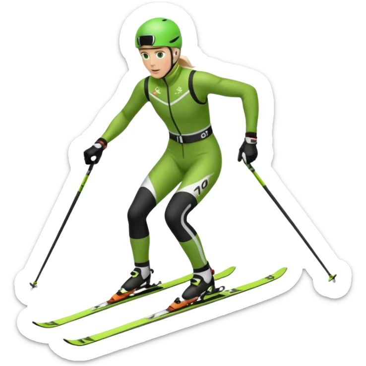 Xc ski racer in green and black clothing. Full body, classic skiing uphill sticker