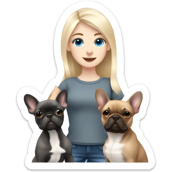 Blonde girl blue eyes holding a dark grey frenchie and a fawn pied frenchie sticker