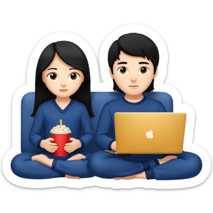 black haired boy and long haired girl in navy blue pajamas , watching movie on laptop sticker