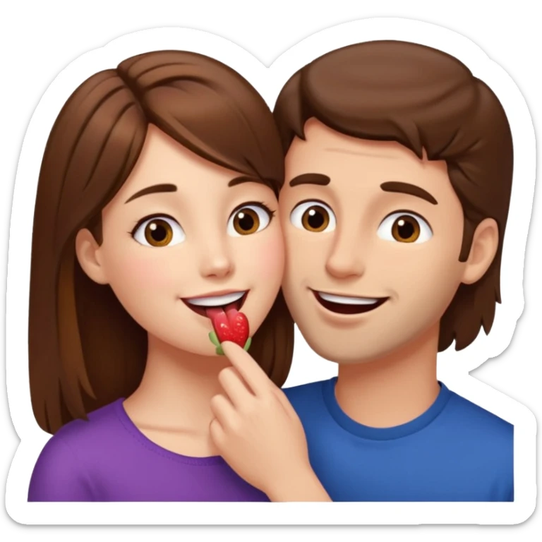There is a girl with brown hair standing next to her, a tall man with brown hair, and the girl passionately licks his cheek sticker
