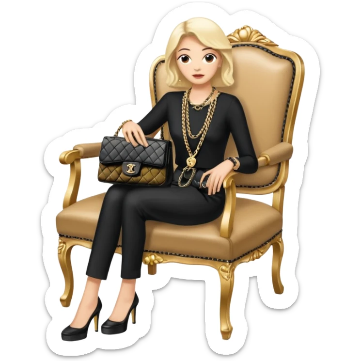 I carried a hand-me-down 1980s Chanel handbag. It was in poor shape; I glued leather patches onto worn corners, but they peeled off. I kept the bag hidden behind my back, only showing the signature gold-and-black chain on my chair. sticker