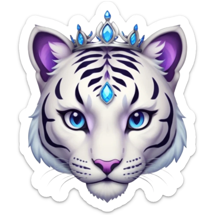 ESO Female white/black tiger khajiit leader of the umbral rose, glowing blue eyes, glowing blue 'third eye' gem; purple gem silver tiara sticker