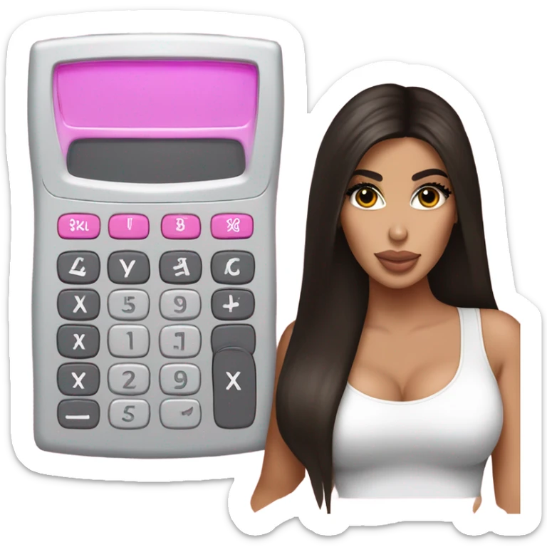 Hyper realistic kim kardashian with straight brown hair holding a small pink calculator sticker