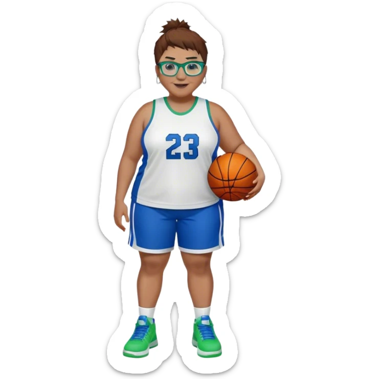 Full Body plus size white female basketball player with short medium brown hair with short spike hair wearing blue glasses 
With a small wide nose wearing blue green uniform  green sneakers smiling wearing silver hoop earrings sticker