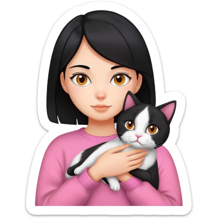 girl with black hair holding a tri-colored cat (black, orange, white) wearing a pink sweater sticker