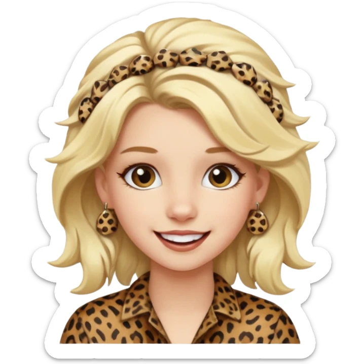 Une fille blonde et joyeuse. Elle porte une coiffure rock et originale avec des pinces pour cheveux  léopard et motif peau de vache. sticker