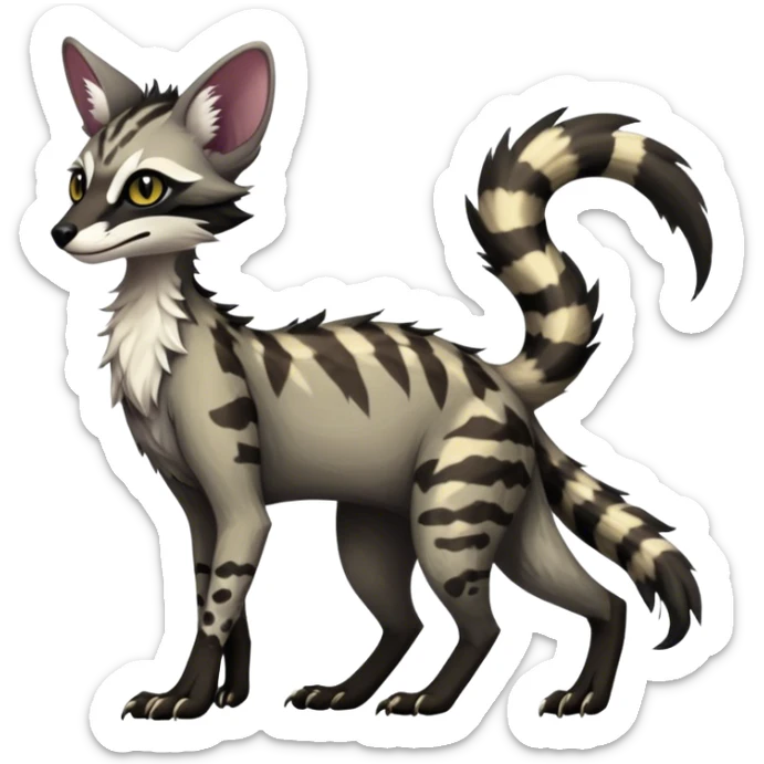 Feral Rare Fantasy dark tropical Vernid-Sergal-Genet-Trico-species by LiLaiRa, random markings, tufted tail, tufted ears, full body, 4 legs sticker