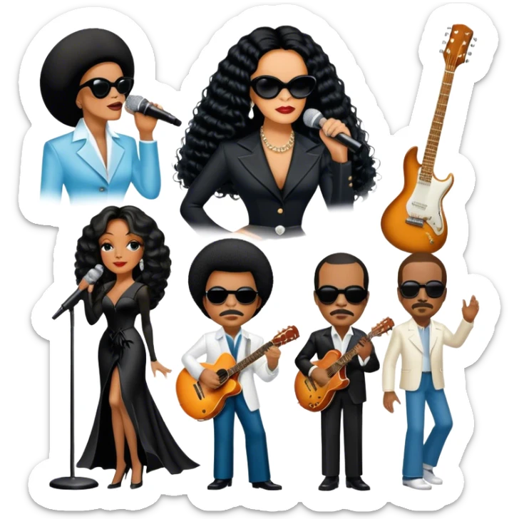 Icon for R&B Music: collage of legendary R&B artists—Diana Ross, Stevie Wonder, Marvin Gaye, Janet Jackson, Billy Ocean, and Whitney Houston. Represented by silhouettes or symbolic items like a microphone, guitar, or music notes. Transparent background. sticker