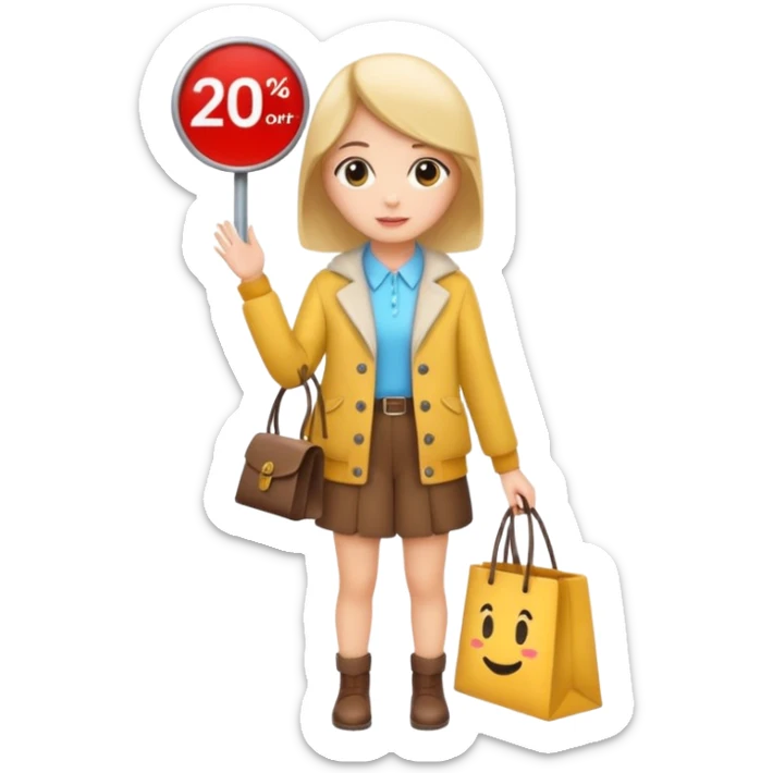 Person who is waiting the sale promotion with 20% off sign, wearing cute outfit sticker