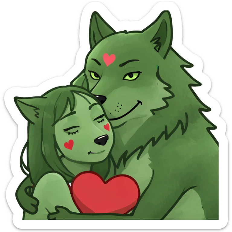Black curly hair white skin girl hugging one big wolf with hearts above them sticker