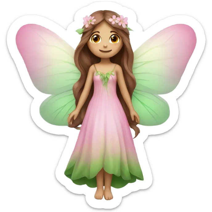 Dreamy pretty nature fairy with long brown hair , pink wings and green dress  sticker