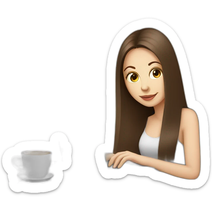 woman with long straight brown hair and pale skin using a laptop as a tray for a coffee mug sticker