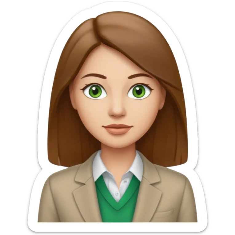 Adult woman avatar, light skin tone, oval face, straight long brown hair, green eyes, neutral mouth, business casual  sticker