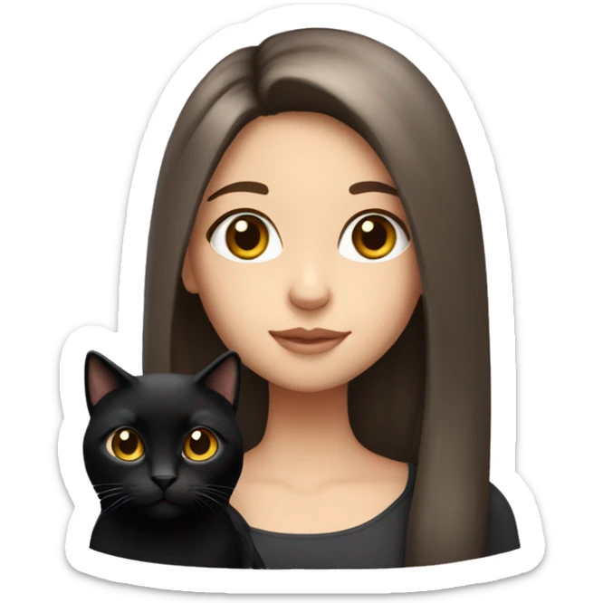 Brunette girl with long hair and brown eyes and fair skin holding a black cat sticker