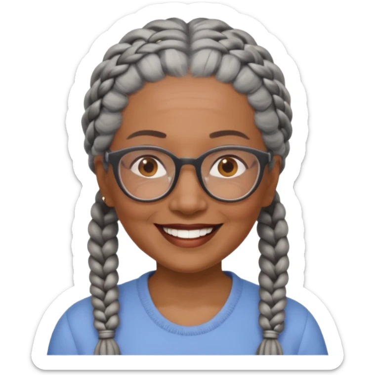 Older woman of color with gray braids, glasses and smiling sticker