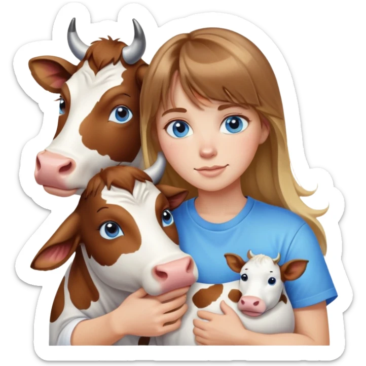 Woman with brown hair long and blonde highlights, bangs in front, blue eyes, white t shirt hugging a cow sticker