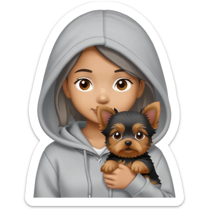 a brown asian girl wearing a grey hoodie with a yorkie puppy sticker