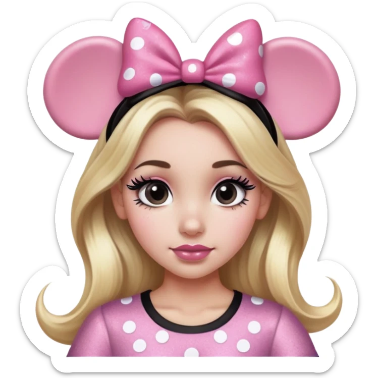 Woman with long blonde hair, brown eyes, brown eyebrows, blush cheeks with glitter pink and black Minnie mouse ears with pink and black Minnie mouse shirt with long black eyelashes sticker