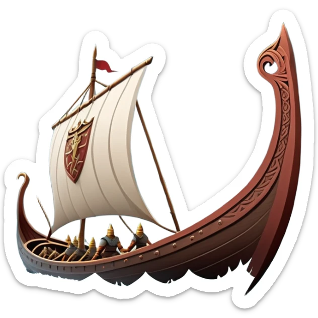 clash-of-clans-aesthetic_-cinematic-viking-longboat, rendered in a flat, bold vector style with minimal shading, featuring a striking dragon-headed prow slicing through icy, churning waters. shields on the side and vikings rowing The longboat’s intricately detailed shields and carved motifs evoke a sense of epic adventure and Nordic might, with billowing sails catching a dramatic, stormy sky backdrop. sticker