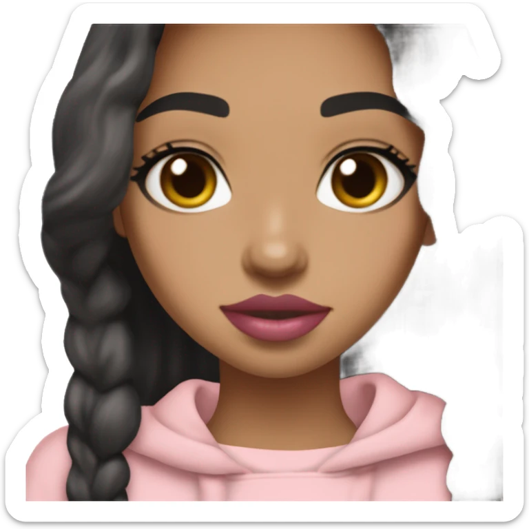 Girl with black hair straight with cozy pink coquette sweatshirt light tan skin pinkish lips slight blush holding a Stanley sticker