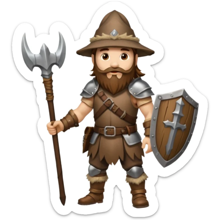 full body man long brown hair brown eyes medium beard white skin wearing boar hat and bark armor sticker