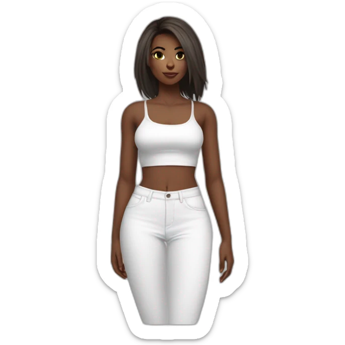 Toned full woman body white mini short crop top big bust straight hair small sexy face sticker