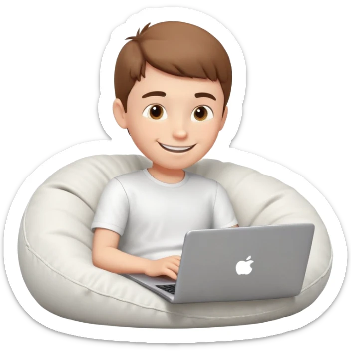 3D head of a smiling boy sitting on a bean bag and typing on a laptop. Head slowly rotates in a circle. he is wearing a white shirt. "RADMAN" is written on the base. Cozy interior light, front view, seamless circle sticker