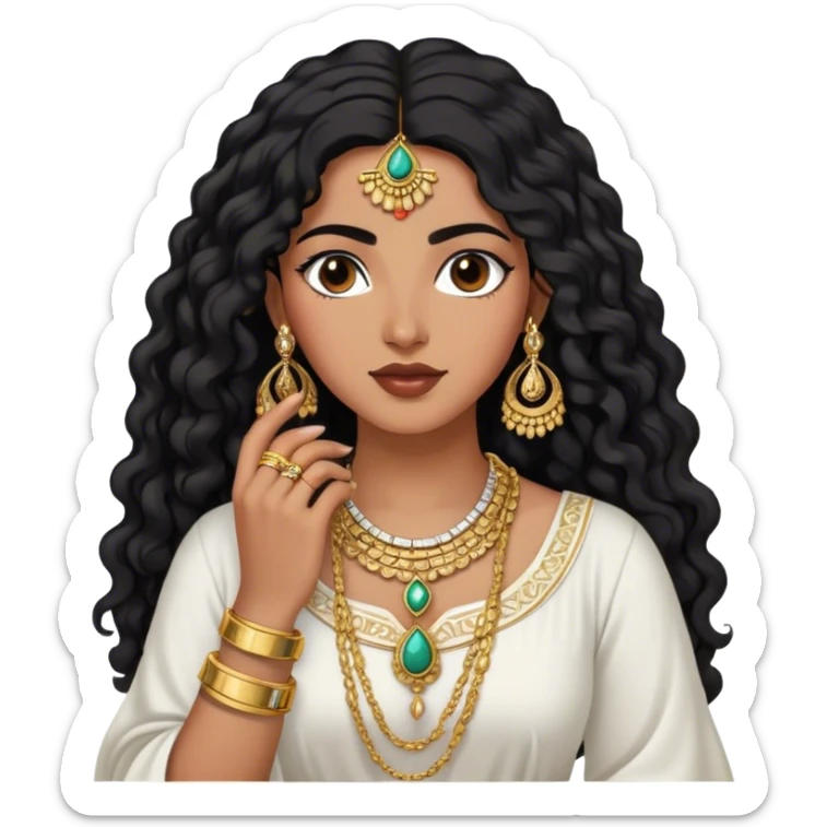 The Palestinian woman, she had long curly black hair and well defined eyebrows wears a white traditional dress. Her accessories steal the spotlight—intricately designed gold bangles, statement rings, and layered necklaces—each piece exuding heritage and craftsmanship.  sticker