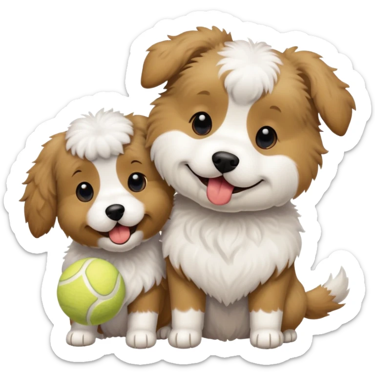 Two playful doodle-like dogs: one light brown with a tennis ball in its mouth, the other black and white with a fluffy coat. sticker
